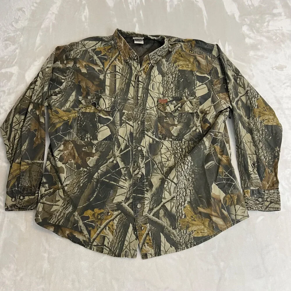 VTG Woolrich Shirt Mens L Camo Hardwoods‎ Button Up Vented Outdoors Grunge FLAW